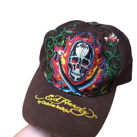 Vintage Ed Hardy By Christian Audigier Studded Skull Hat - Picture 10 of 12